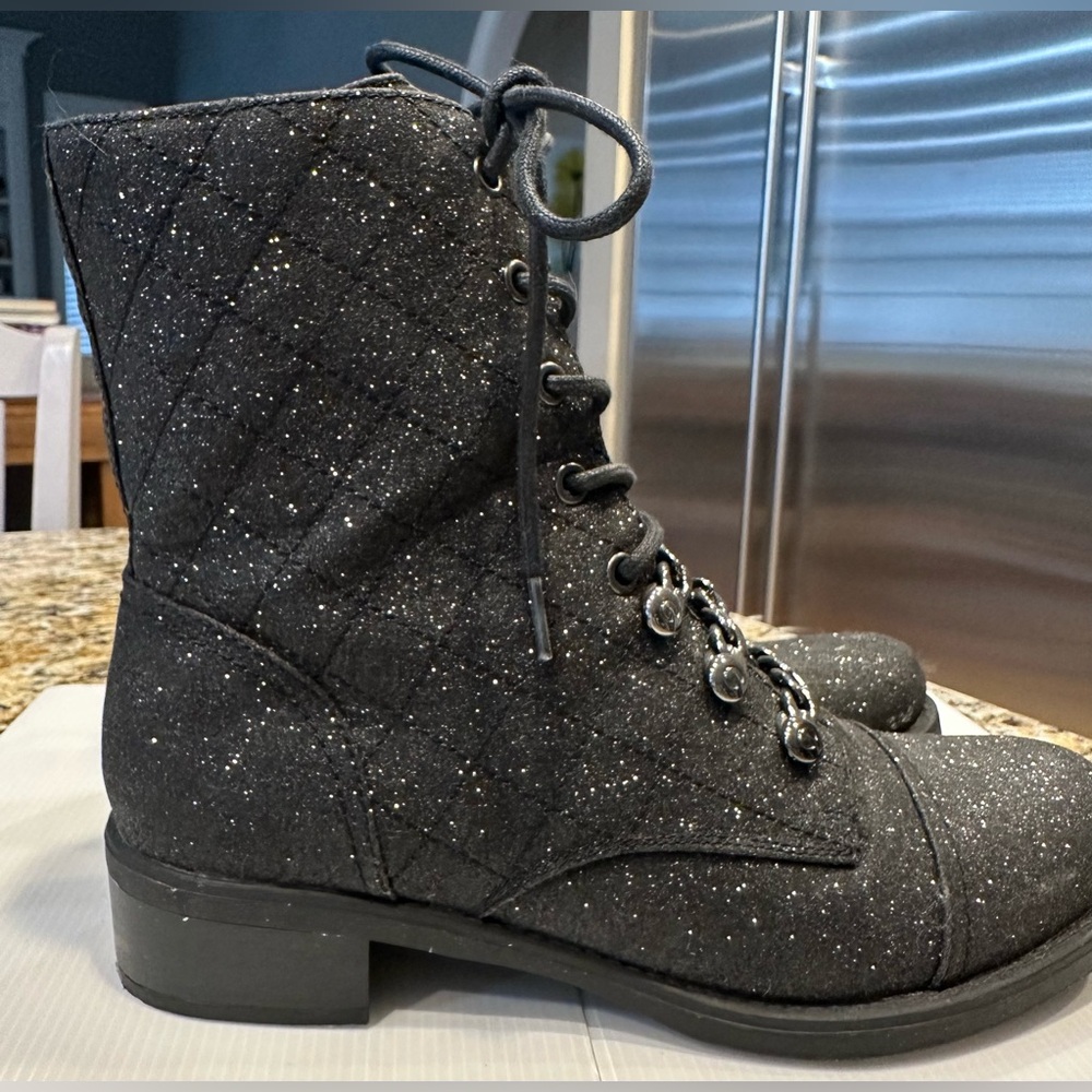 G by Guess Black Glitter Combat Boots. Worn Once. Sz 9.5. Smoke Free Home. - Picture 3 of 11